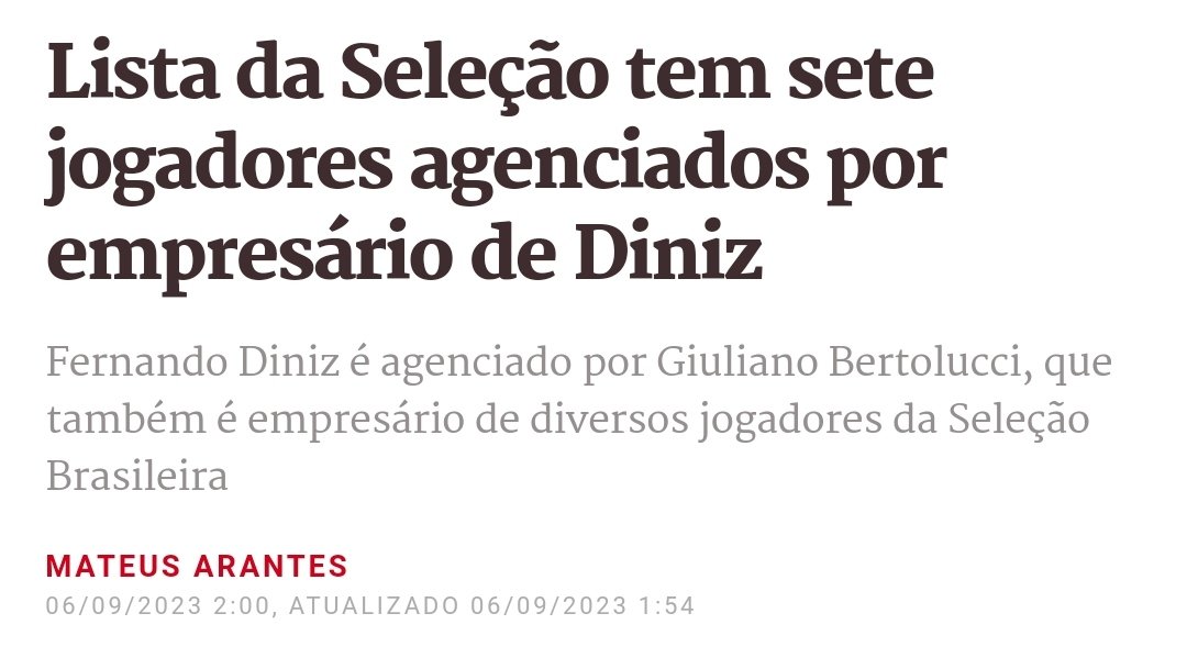 Aparentemente, agora toda convocação vai ter o foco em quem são os empresários dos jogadores e se Bertolucci, empresário de Diniz, agencia a carreira da maioria.

Os julgamentos de índole e favorecimento começam nas redes e vão parar na mídia.

Mas tem sentido?

Segue o fio 👇