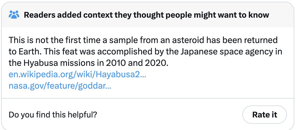 Not to take anything away from the good folks who made #OSIRISREx happen <a href="/NASA/">NASA</a> 🥂, but we need to get this #scicomm right: #Hayabusa happened! A sample from #asteroid #Itokawa was returned to Earth in 2010 by the Japanese space agency in an elegant and successful mission.