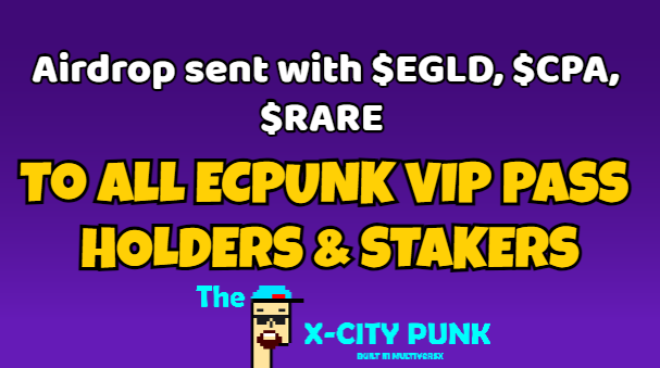 TheXCityPunk's tweet photo. @pulsarmoney send 100000 MEX to 50 Retweets

Citizens!! 🌟 Happy Sunday!

As usual, we've sent our Weekly &amp; Monthly Airdrops to ECPUNK VIP PASS holders &amp; Stakers.
Today's airdrop: $EGLD, $CPA, $RARE

Thank you for staying with us and being part of our community.🙌
#MultiversXNFTs https://t.co/QD1ihN48nl