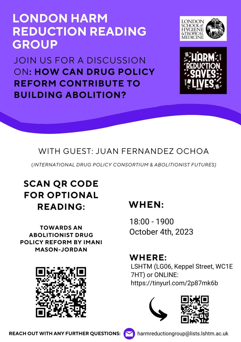Maria Carvalho da Silva (@maria_cads) on Twitter photo How can drug policy reform contribute to building abolition? What is non-reformist reform?
Join us for a juicy hour @ the next London Harm Reduction reading group meeting on Oct 4th @ 6pm UK time <a href="/LSHTM/">London School of Hygiene & Tropical Medicine</a> or online with guest speaker @jfernandezochoa How can drug policy reform contribute to building abolition? What is non-reformist reform?
Join us for a juicy hour @ the next London Harm Reduction reading group meeting on Oct 4th @ 6pm UK time <a href="/LSHTM/">London School of Hygiene & Tropical Medicine</a> or online with guest speaker @jfernandezochoa