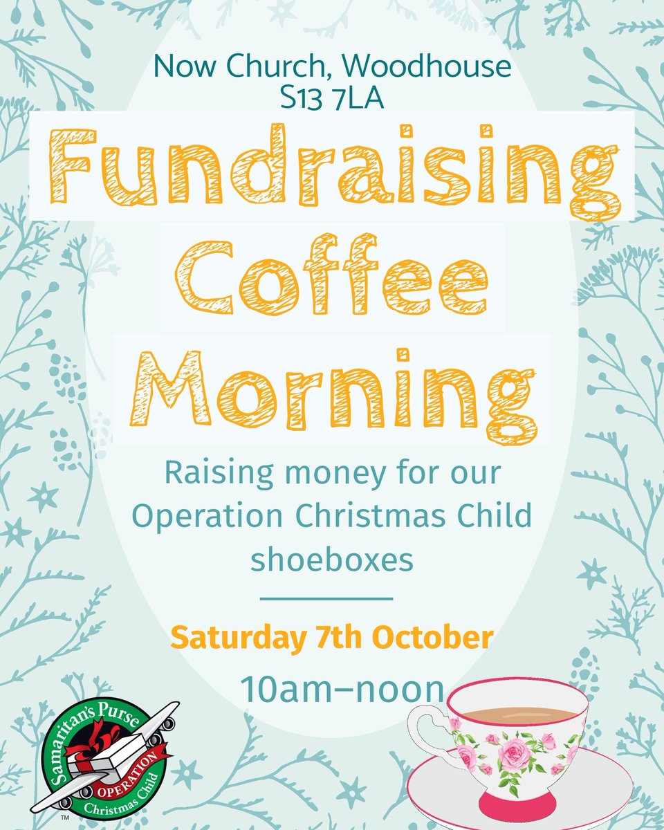 19Lottie's tweet photo. Please pop on down to our fundraising coffee morning on Sat 7th Oct from 10am. We're raising money for our #OperationChristmasChild #shoeboxes.
🎁Tea & coffee
🎁Cakes & buns
🎁Raffle
🎁Sweets in the jar
🎁Treasure hunt
🎁Face painting
@nowchurchuk @OCC_UK #sheffieldissuper https://t.co/1MocrN8lf2