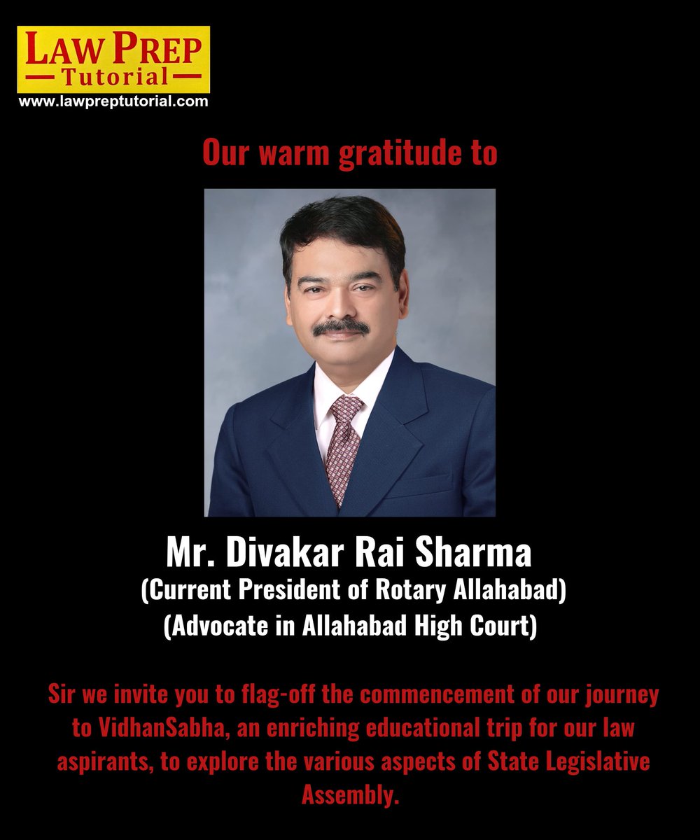 PanaceaPeople's tweet image. 🔸 Grateful to Mr. Divakar Rai Sharma 🔸

📚 #LawPrepFamily 🌟 #LawPrepTutorial 🎓

We extend our heartfelt thanks to Mr. Divakar Rai Sharma, the current President of Rotary Allahabad and an esteemed Advocate in Allahabad High Court. 🙏

🔔 We cordially invite you, Sir, to…