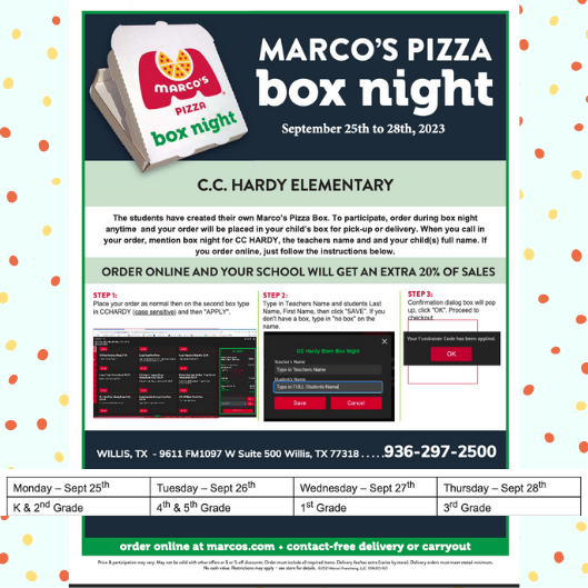 Looking for a way to donate to a local school and feed your family? CC Hardy is having a student fundraiser this week. By using the information below, you can help give 20% back to our students of your purchase. See below for directions.