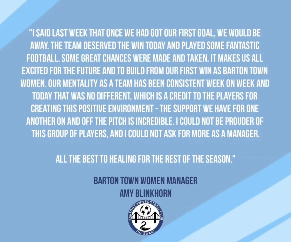 BartonTownFC's tweet photo. What an incredible performance from our Women's team today, the skills these women have nurtured and developed, not to mention incredible teamwork, have clearly paid off.

Best of luck to Healing Hotspurs for the rest of the season.

#UPTHESWANS 🦢💙 https://t.co/4BmCdR3Y2s