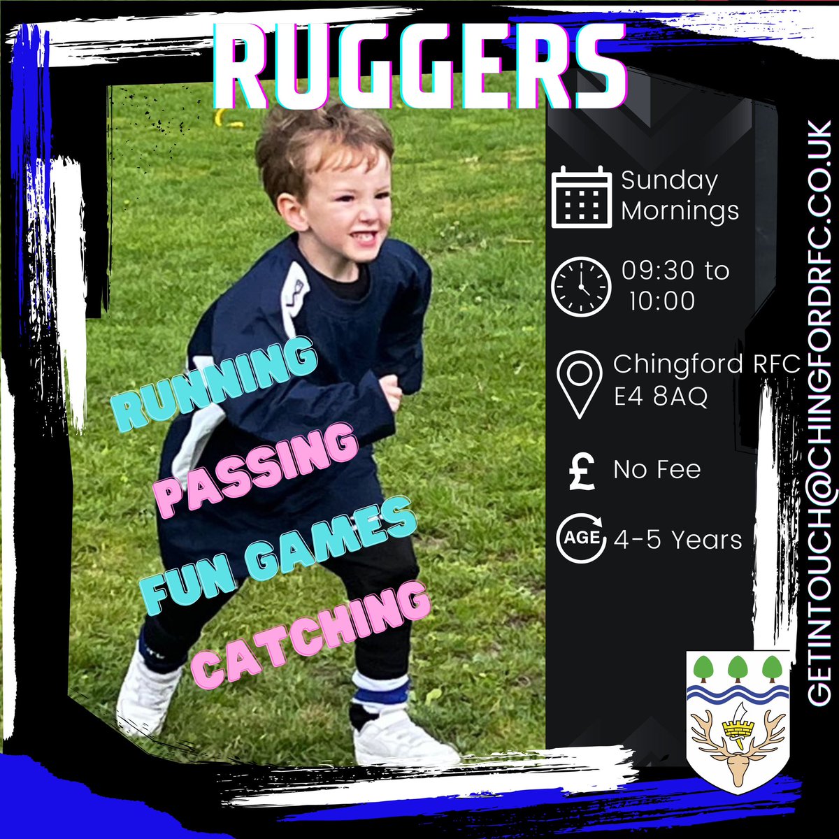🏉 Exciting News for Parents! 🏉

Is your 4-5-year-old eager to try rugby? Join us at Chingford Rugby Club for FREE sessions every Sunday, 09:30-10:00. Fun, skills, and a wonderful community await! 🌟🏉 #ChingfordRugbyKids