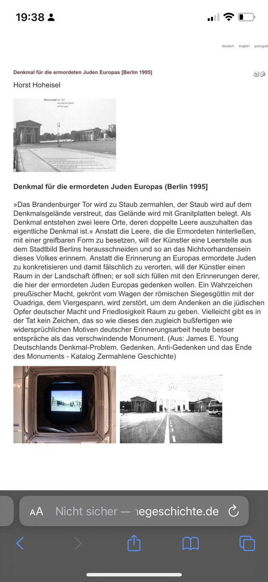 Wie hätte das Holocaust Memorial auch aussehen können? Der Künstler Horst Hoheisel schlug vor, das Brandenburger Tor abzureißen und zu zermahlen. Eine Erinnerung aus Gründen: „Das Brandenburger Tor wird zu Staub zermahlen, der Staub wird auf dem Denkmalsgelände verstreut…“ 1/2
