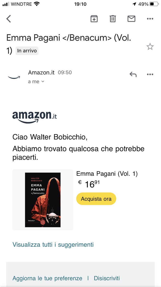 AutoreWB's tweet image. Sinceramente fa un certo effetto ricevere una mail da Amazon che mi consiglia questo libro ☺️.
Farò finta che non sia perché sono andato a vedere diciamo, qualche volta 🤭, com'era la situazione.
Ma tant'è, lo consiglio anche a voi.
Conosco l'autore. E se si espone @bookabook_it