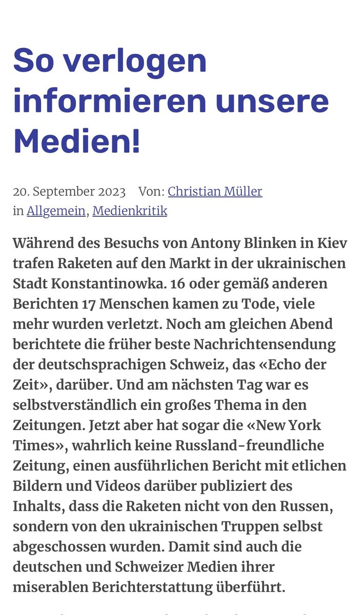 GLOBALBRIDGE „So verlogen informieren unsere Medien“

Der Beschuss des Marktes in der ukrainischen Stadt #Konstantinowka, wurde von den #Medien unrecherchiert als russisches Kriegsverbrechen ausgelegt, was erwiesenermassen eine Lüge war. Eine von vielen. 
@srfnews #ZDF #ARD