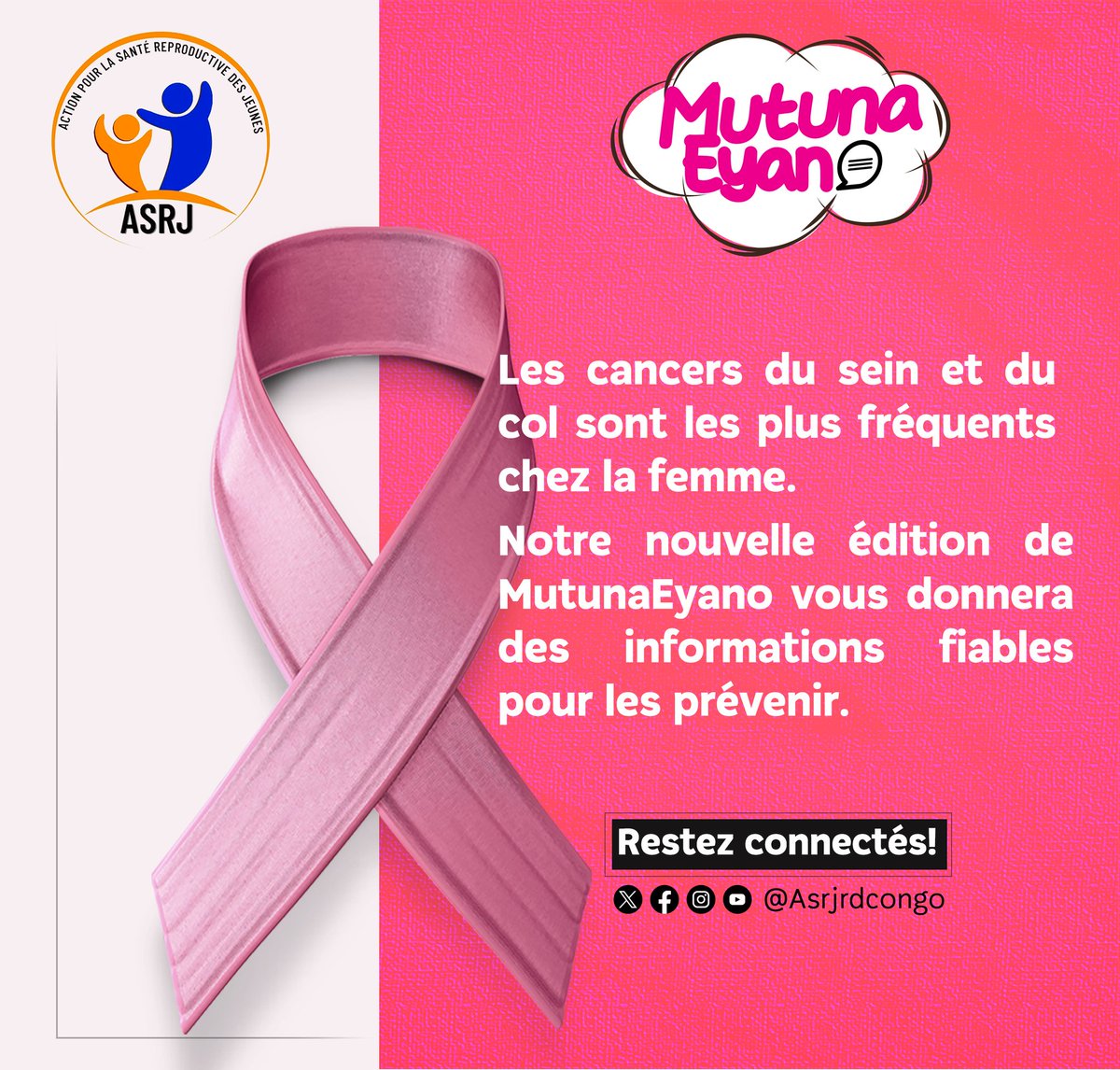 Asrjrdcongo's tweet photo. #MutunaEyano : 

Les #cancers du #sein et du #col sont très #fréquents et entraînent des complications graves dont la #mort des filles et #femmes.

Nous vous donnerons des informations fiables pour les prévenir.

 Restez connectés...

#OctobreRose #Prévention 
#StopCancers https://t.co/taxOaSeOBS