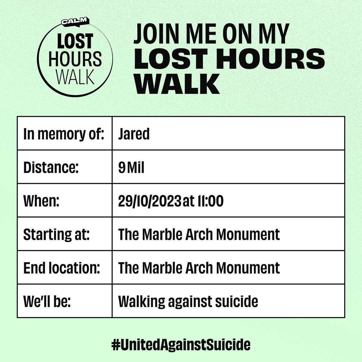 jo_ndisang's tweet photo. The Lost Hours Walk 2023 for @theCALMzone , meeting at The Marble Arch at 10.30am.  The walk will start at 11am, takes about 2 hours and ends back at the monument. https://t.co/OTOwb9Al3i Hope you can join us. 😊💕🌈 https://t.co/IV1NEztBED