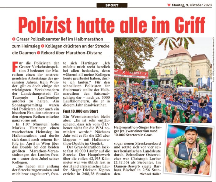 Auf und neben der Strecke: „Polizist(en) hatte(n) alle(s) im Griff“, berichtet die <a href="/krone_at/">Kronen Zeitung</a> in der heutigen Ausgabe über den #Grazmarathon. <a href="/PolizeiStmk/">Polizei Steiermark</a>