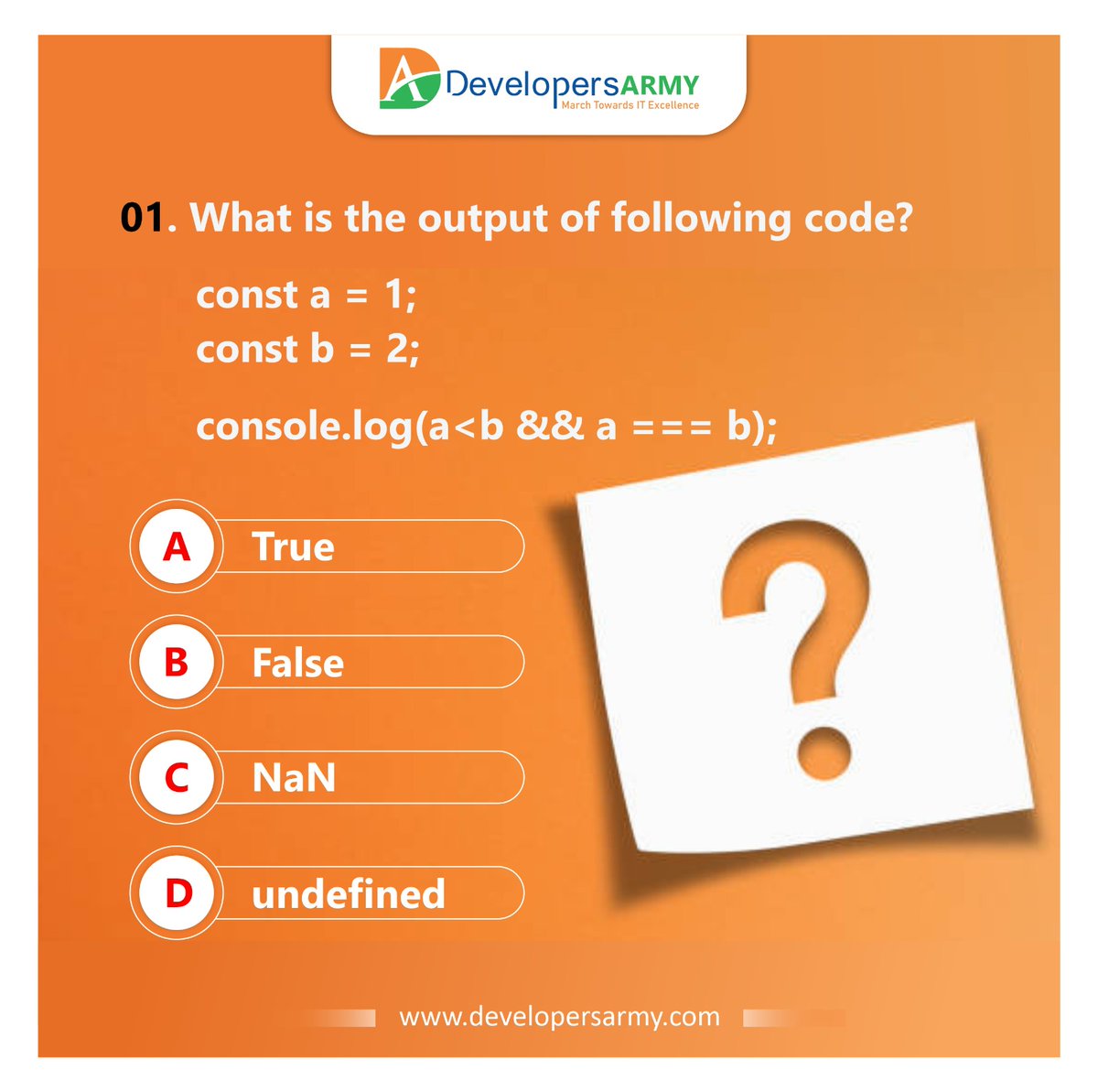 DevelopersArmy's tweet image. 🚀 Calling all JavaScript enthusiasts! Can you crack this JavaScript challenge from Developers Army? 🤔
#JavaScriptChallenge #DevelopersArmy #CodingQuiz #WebDevelopment #JavaScript #CodingSkills