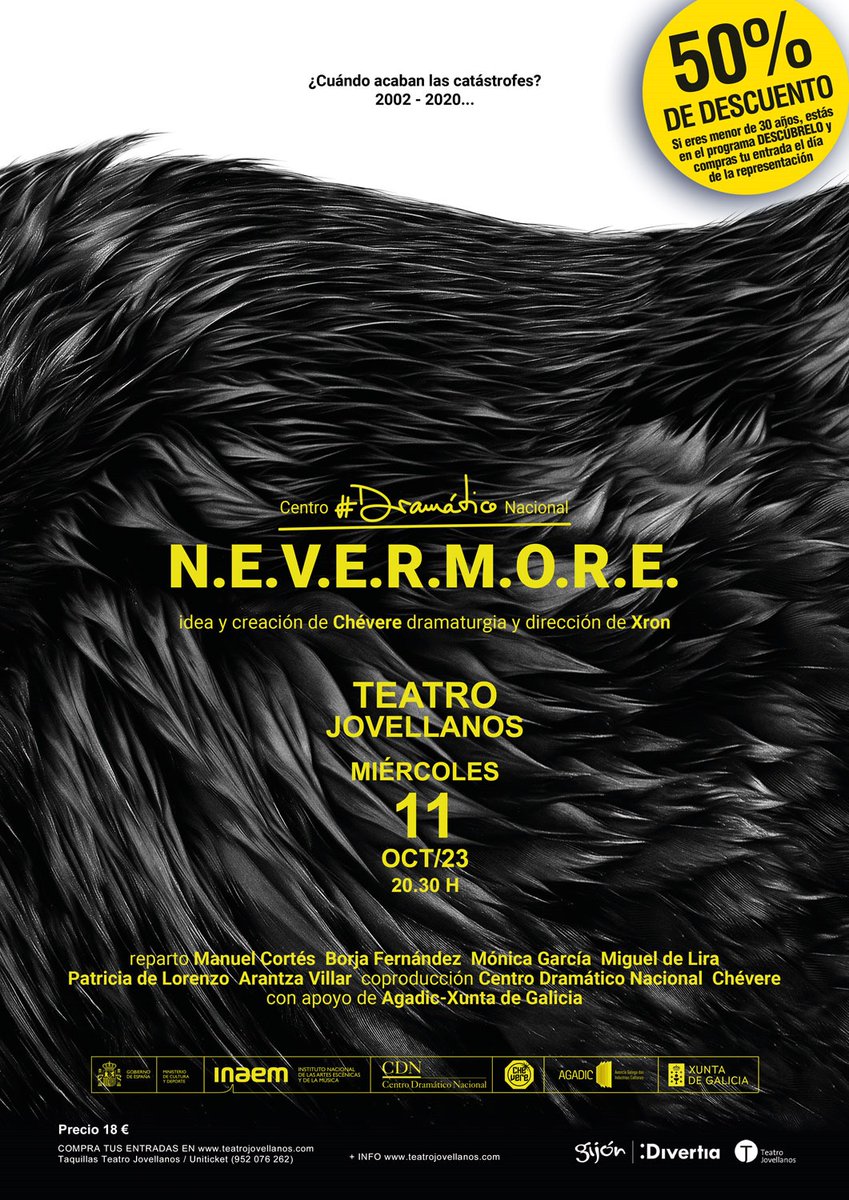 Este miércoles, 11 de octubre, el <a href="/centrodramatico/">CDN</a> y <a href="/chevereteatro/">chevereteatro</a> nos presentan N.E.V.E.R.M.O.R.E. un viaje emocional a la catástrofe del Prestige. Espectáculo recomendado por <a href="/LaRed_deTeatros/">La Red Española de Teatros</a>
<a href="/Culturagijon/">Cultura Gijón /Xixón</a> 
<a href="/gijon/">Gijón/Xixón</a> 
#Teatro #descubrelo