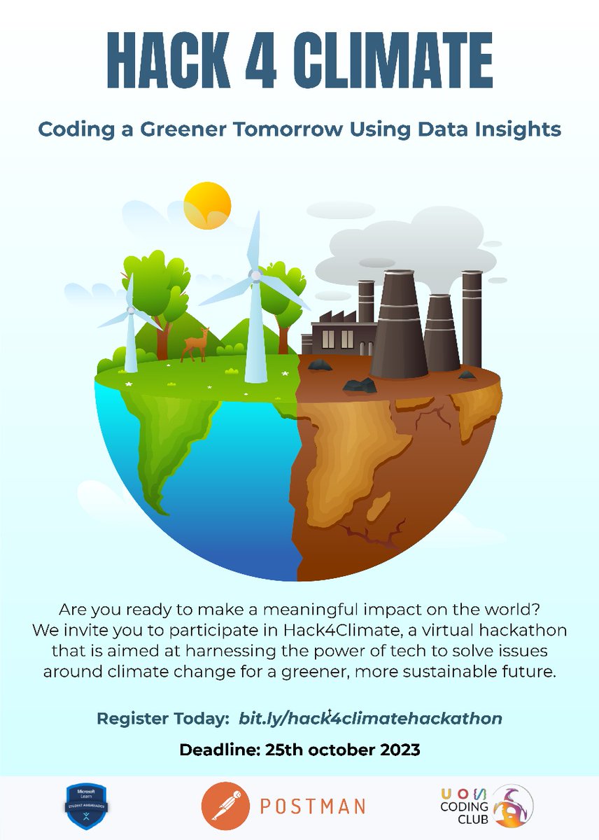 UoN_CodingClub's tweet image. 🚀 Ready to make a difference?   

Join #Hack4Climate, the virtual hackathon harnessing tech to combat climate change! Launching on Oct 27th, hacking from Oct 30th-Nov 3rd.

Win cash prizes, certifications, and goodies from partners!

Register now: forms.office.com/r/NXUF1A4ZH2 📷