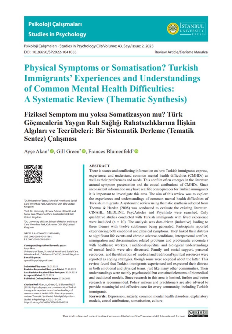 A. Akan,G. Green ve F. Blumenfeld’in “Fiziksel Semptom mu yoksa Somaizasyon mu?Türk Göçmenlerin Yaygın Ruh Sağlığı Rahatsızlıklarına İlişkin Algıları ve Tecrübeleri:Bir Sistematik Derleme(Tematik Sentez) Çalışması”başlıklı makalesi son sayımızda iupress.istanbul.edu.tr/tr/journal/sp/… #Psikoloji