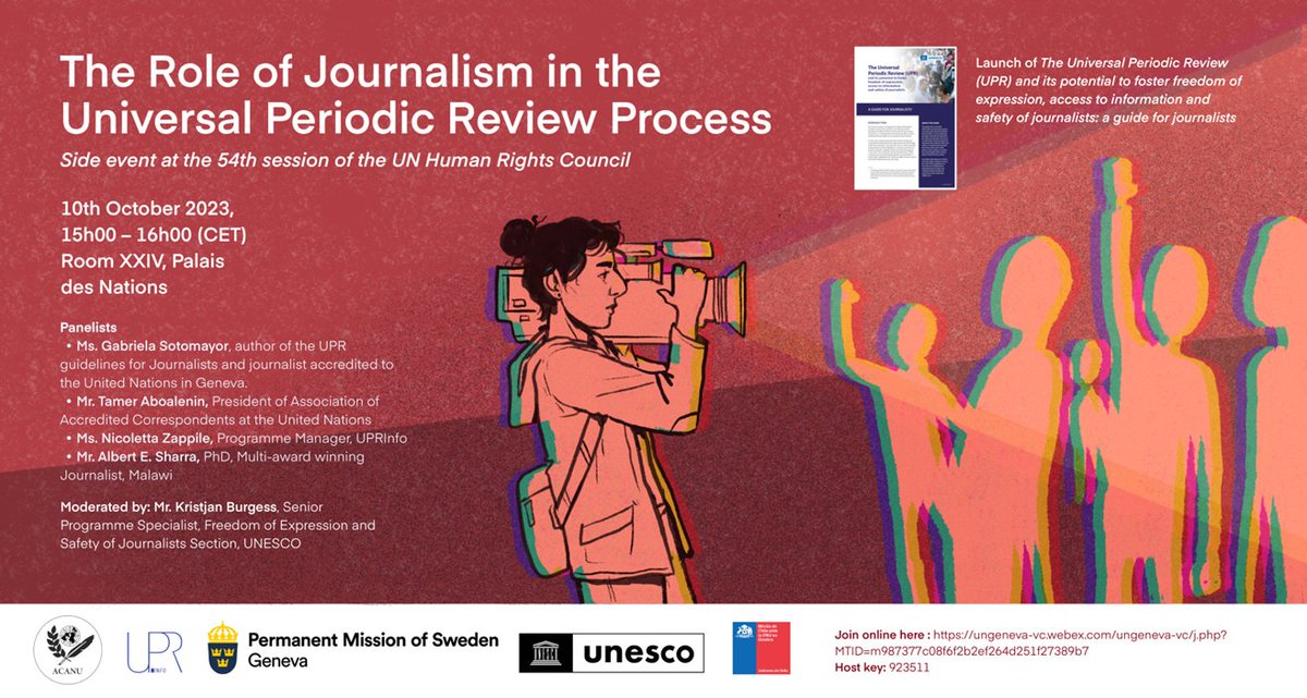 UPRinfo's tweet image. 📢 Join us at the #HRC54 side-event “The Role of Journalism in the #UniversalPeriodicReview” led by @UnescoGeneva 
🗓️Tuesday, 10 October 2023
⏲️15:00-16:00 CET
📍Room XXIV in #UNOG &amp;amp; Online
ℹ️  bit.ly/3Q939Og