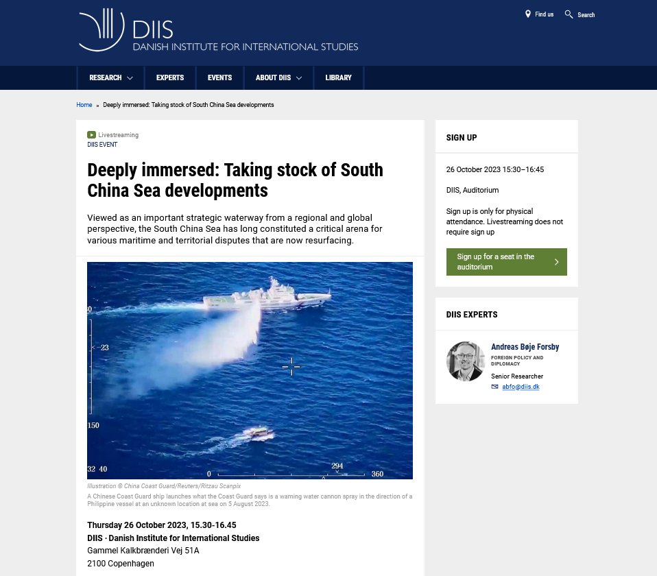 If you happen to be in Copenhagen on October 26, interested in SCS, please join us at the seminar to be kindly hosted by the Danish Institute for International Studies. Livestreaming available too. Many thanks <a href="/abforsby/">Andreas Bøje Forsby</a> for the kind invite to speak. 🙏🏽👇🏽diis.dk/en/event/deepl…