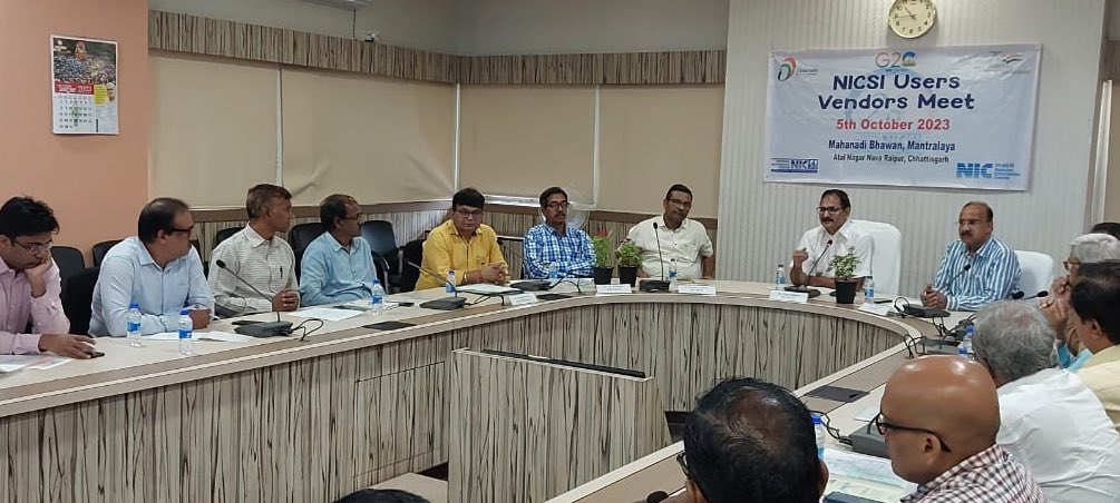 MeitY_NICSI's tweet photo. "NICSI User Vendors Meet was held on 5.10.2023 at Raipur, chaired by MD, NICSI to discuss the status of ongoing projects, under pipeline and issues faced by Users/Vendors". 
SIO, HoG/HoD of NIC Chhattisgarh attended the meeting.
@NICMeity @GoI_MeitY @_DigitalIndia https://t.co/fOZLsnTnXH