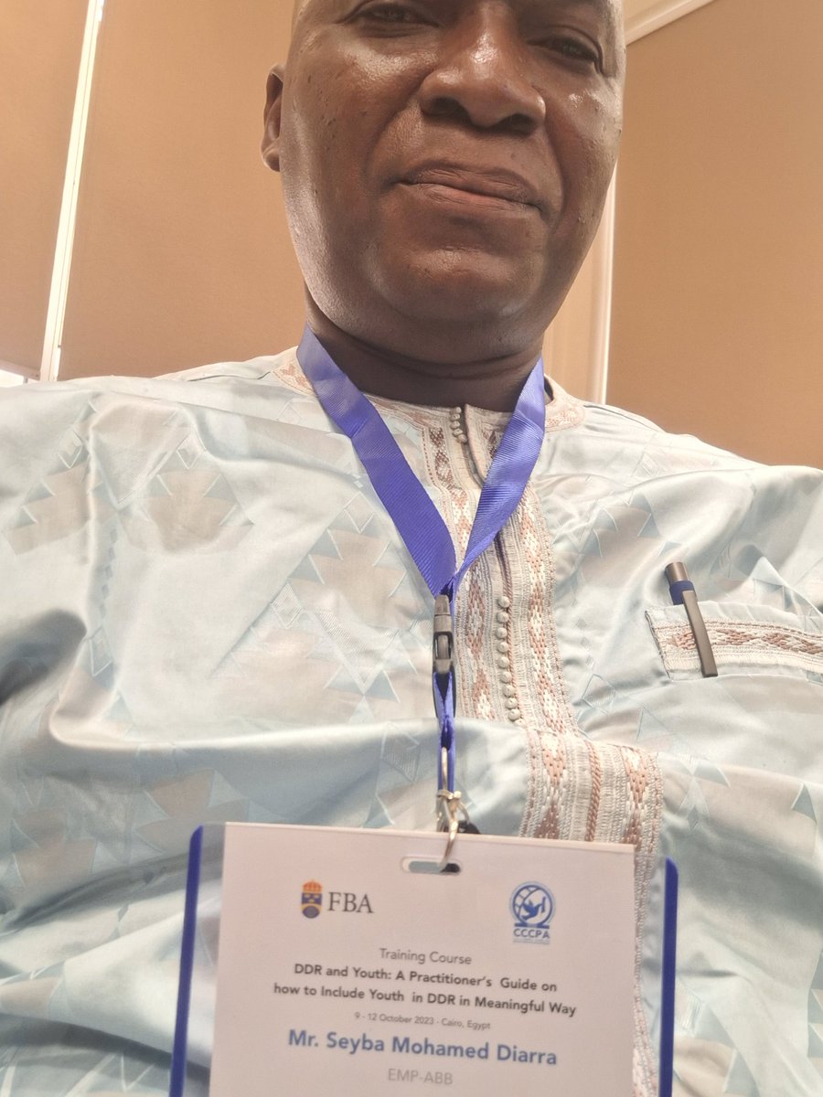 DIARRASeybaMoh1's tweet photo. Honored to contribute to enhance peacebuilding #DDR & #Youth4Peace training @CCCPA Cairo, Egypt 9-12 Oct.23, financed by🇸🇪 #FBA @EMP_Bamako @part_empabb @DDCMali @UEauMali @MaliMaeci @UNDPPA @ecowas_cedeao @AUC_PAPS @oim_mali #ActOn2250 https://t.co/anfAa2YQec