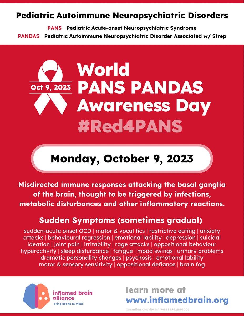 inflamedbrain_'s tweet photo. Here’s our *new* World PANS PANDAS Awareness Day one pager! (PDF version here: https://t.co/CANJ0y3Dc4 (https://t.co/CANJ0y3Dc4)) 

Please share with family &amp; friends on social media. Don’t forget to tag us! 

#Red4PANS #InflamedBrainAlliance
#PANSPANDAS #AwarenessDay2023 https://t.co/tOUIbZ4mln