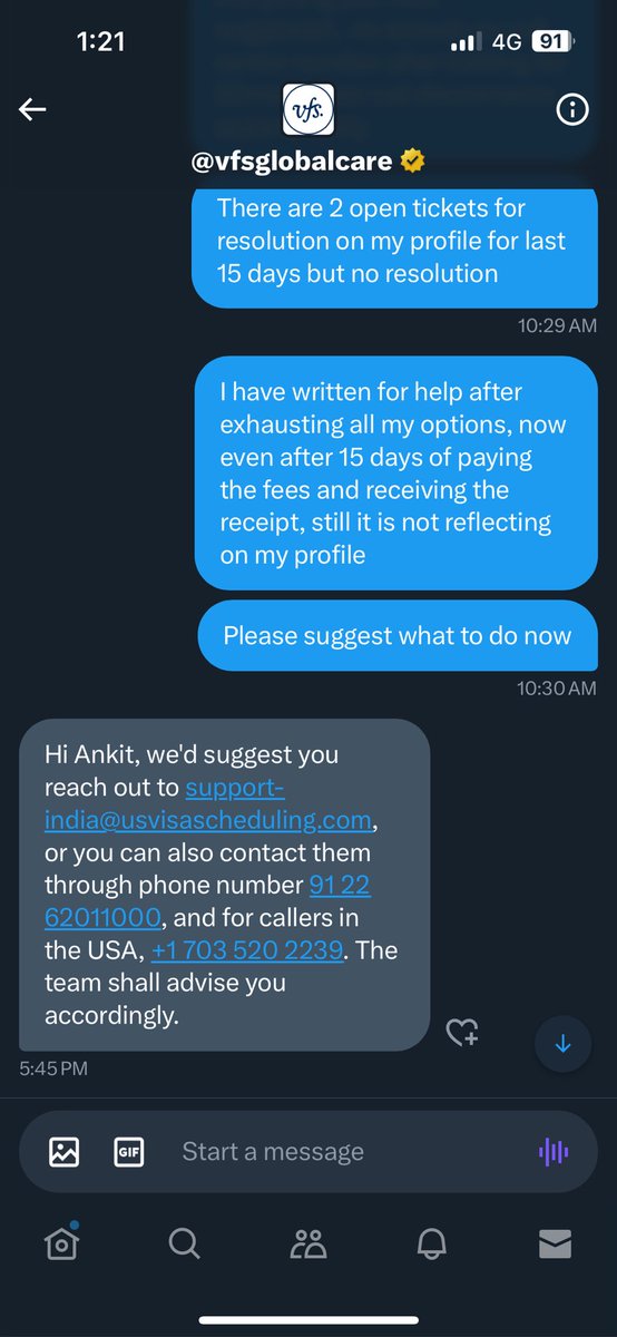 AnkitChaudhury1's tweet photo. @VFSGlobal has shut down all communication channels with applicants after collecting visa fees and are using BOTs for repeated responses @USAndIndia https://t.co/nrxwXnP9kD