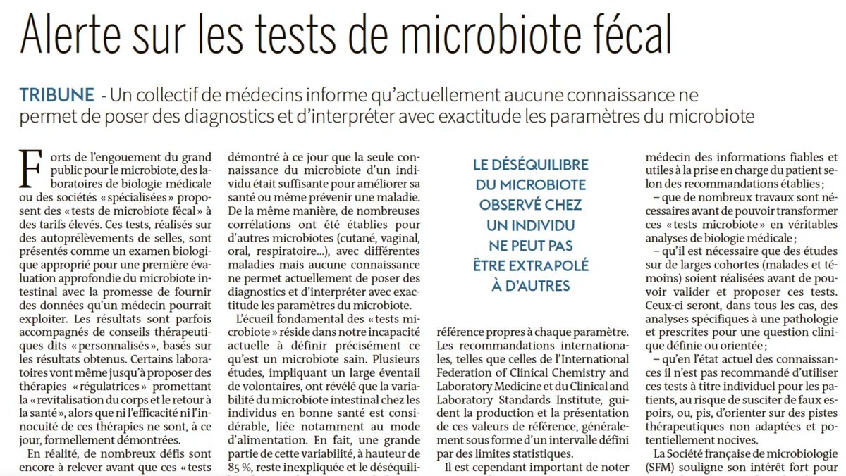 .@SFMicrobiologie Avec le groupe de travail #MicMaC de la #SFM, nous signons une tribune dans @lemondefr pour alerter sur les tests #microbiote qui sévissent actuellement. Avec le soutien de @GFTFofficiel @SPILF_ @SFParasitologie @SFV_France #SNFGE #SMM sfm-microbiologie.org/actualites/ale…