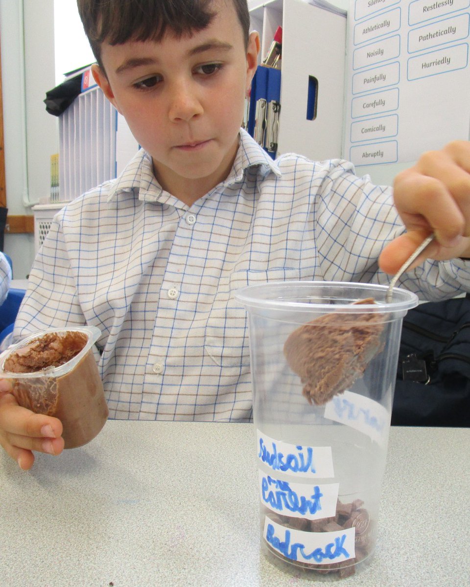 SJBWindsor's tweet image. Whoever said kids shouldn&apos;t eat dirt? Year 3 made their own soil layers...
A whole oreo was the bedrock.
Chocolate chips were the parent rock.
Chocolate mousse was the subsoil.
Crushed oreo was the topsoil.
Green crumbled digestives was the organic matter.