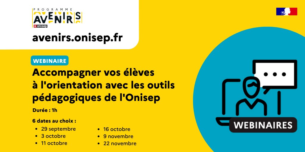 #équipeséducatives➡️#Enseignants #ProfsDoc #PsyEn #CPE ou personnels de direction #collège #lycée, #Onisep vous propose module de formation d'1h pour accompagner vos élèves à l’#orientation avec ses outils pédagogiques
🔎Inscription #WebinairesOnisep 👉ow.ly/Eu2s50PTMcQ