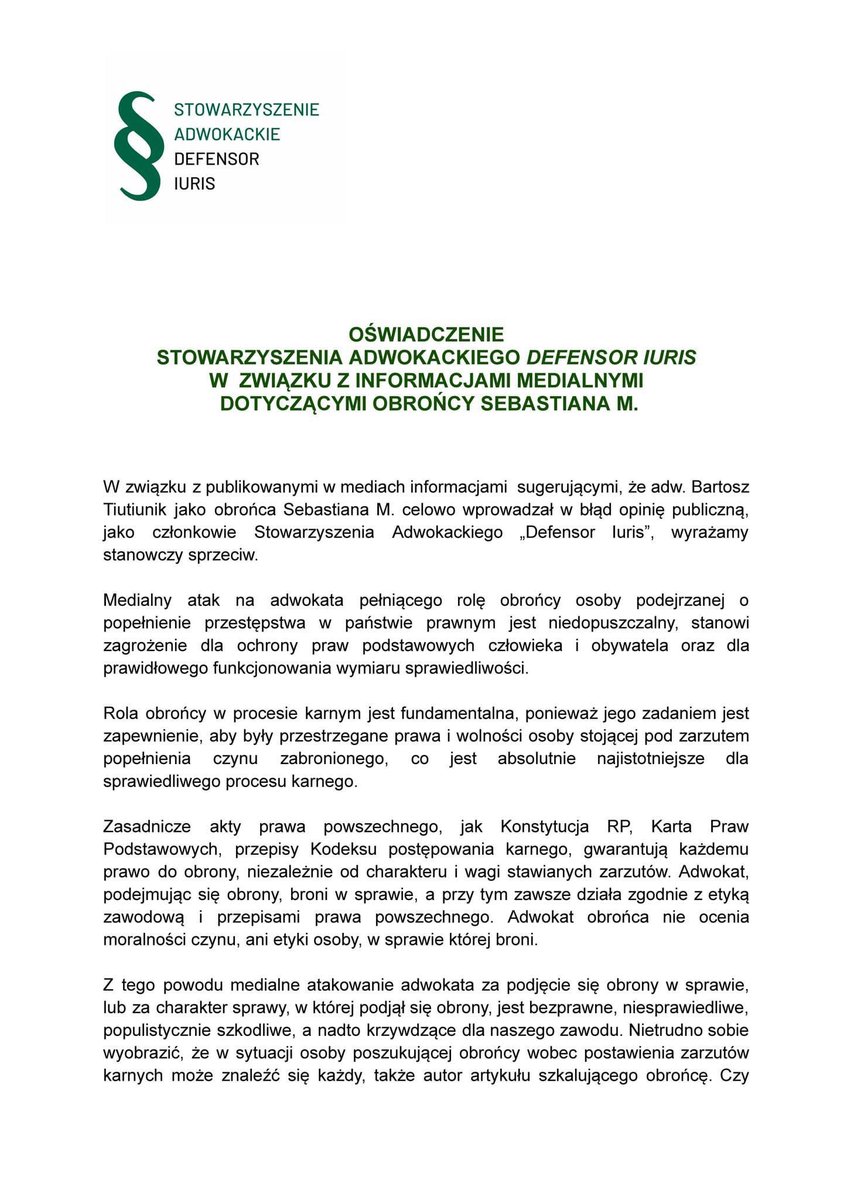 defensor_iuris's tweet photo. ⛔️Medialny atak na obrońcę.Nie ma na to naszej zgody.Kolejna manipulacja. 
"W związku z publikowanymi w mediach informacjami  sugerującymi,że adw.Bartosz Tiutiunik jako obrońca Sebastiana M.celowo wprowadzał w błąd opinię publiczną,wyrażamy stanowczy sprzeciw.Oświadczenie poniżej https://t.co/B9M3xTwNHD