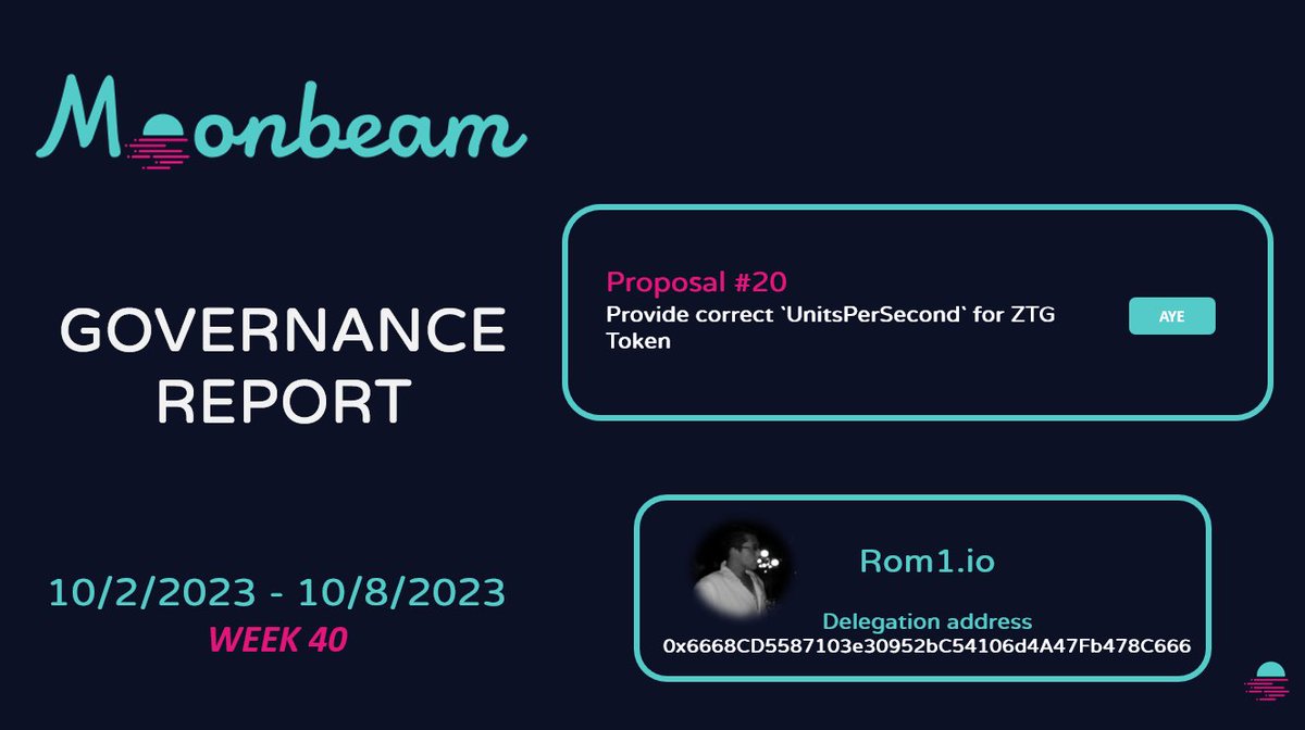 xcrom1's tweet photo. 🌟Governance Activity Report - Week 40 (October 2 to 8, 2023)🌟

For #Moonbeam :

- Prop.#20 : Provide correct `UnitsPerSecond` for ZTG Token https://t.co/2adnp2LaHD