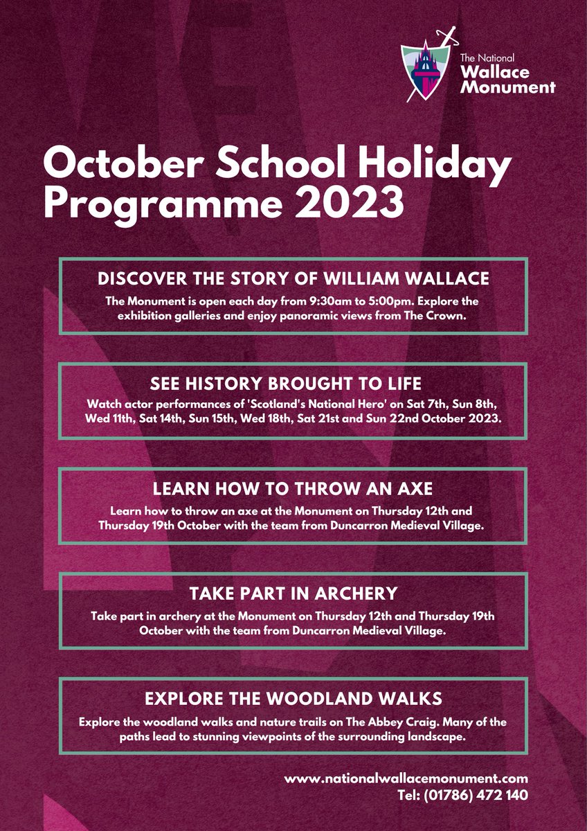 The October school holidays are here! 🙌 Make your way to Stirling’s iconic National Wallace Monument for an adventure this autumn. Explore the exhibition galleries, see Wallace’s legendary battle-sword, watch live actor performances, and much more! 🏹