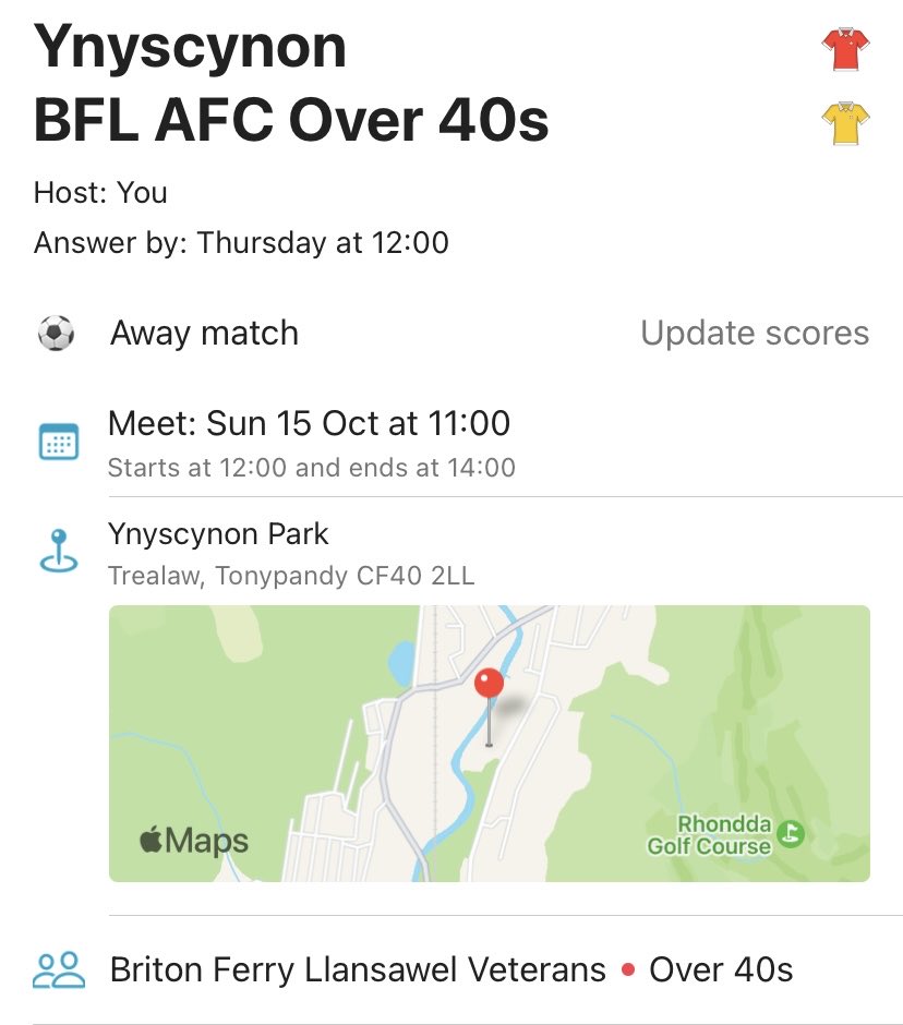 On Sunday 15th October <a href="/bflafc/">BFL AFC</a> Vets over 40s travel to Ynyscynon in the <a href="/WalesVets/">Wales Vets Football</a> league 

12pm kick off 

First away match for the over 40s following two victories at Old Road.