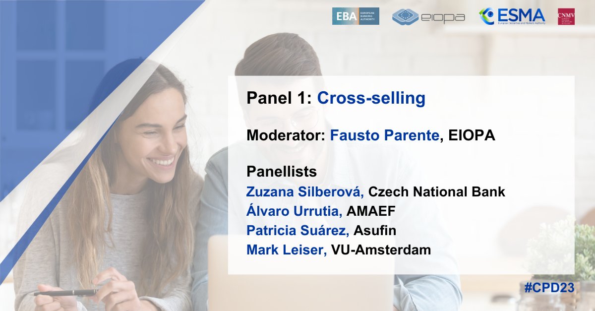 ESMAComms's tweet photo. @NadiaCalvino @_minecogob @CNMV_MEDIOS @EBA_News @eiopa_europa_eu 📝 First panel of the day explores market trends and aspects relating to the current regulatory framework for cross-selling, including possible inconsistencies amongst regulatory instruments. #CPD23
🔴 Live stream → https://t.co/mjERyaYAen. https://t.co/ydtB6pbYO9