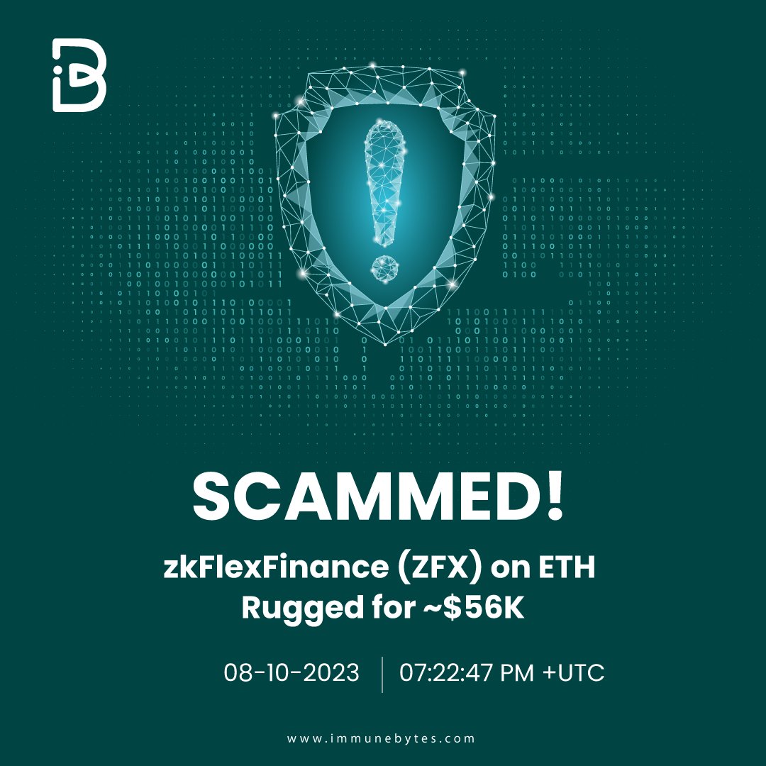 On Oct 8, @zkFlexFinance on #ETH was rugged for 💰 ~$56K when an address 😈0x84f90d576247D569D972DB84504b5170aB13bCe7 dumped over 281,164,943.53 zkFlex Finance Tokens for 34.26 #WETH. 

The token price dropped by 100 % post-incident, and all of the project’s social media handles…