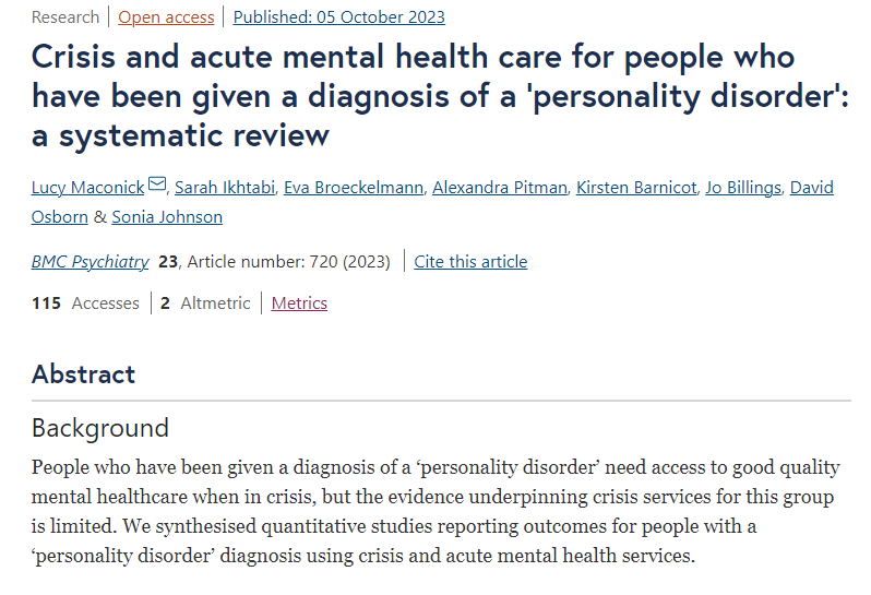 New paper -  review led by <a href="/LMaconick/">Lucy Maconick</a> of  research evidence on crisis &amp; acute care for people who have received a "personality disorder" diagnosis.

Sparse literature with minimal co-production, not much evidence for view admission is inherently harmful, crisis-focused