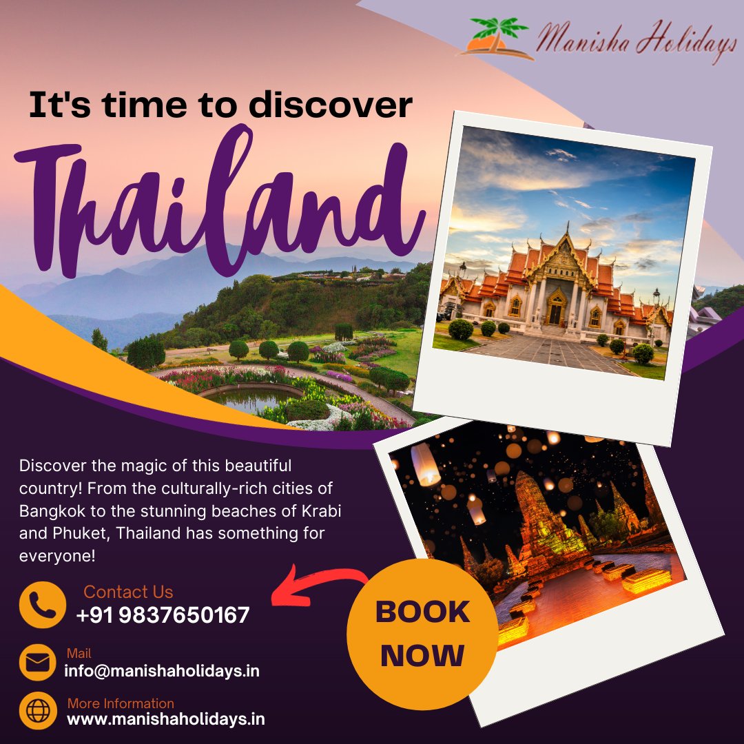 'Exploring the mesmerizing Thailand. 
Contact Us +91 9837650167 
Mail. info@manishaholidays.in 
. 
. 
. 
. 
. 
. 
#TravelToThailand #ExploreThailand #ThailandAdventures #ThaiWanderlust #LandOfSmiles #ThailandDiaries #AmazingThailand #TropicalGetaway #thailandvacation