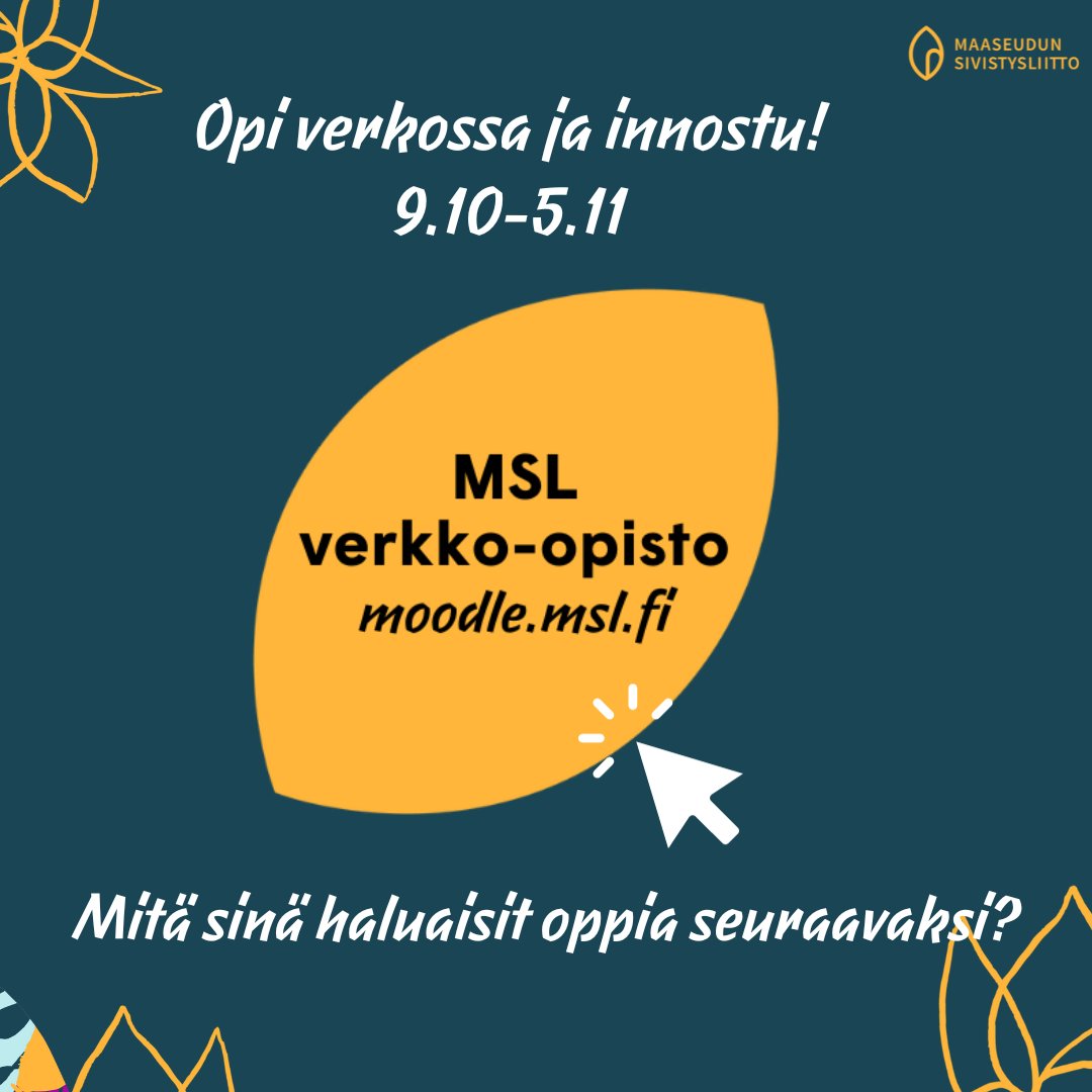 #OpiVerkossaJaInnostu -kampanja alkaa! #MSLverkko-opisto 'sta löydät oppimateriaaleja, verkkokursseja ja muita mahdollisuuksia, joita sivusto jäsenjärjestöillemme suo. Tulossa myös upouusi esiintymistaidon koulutusmateriaali. moodle.msl.fi #maaseudunsivistysliitto