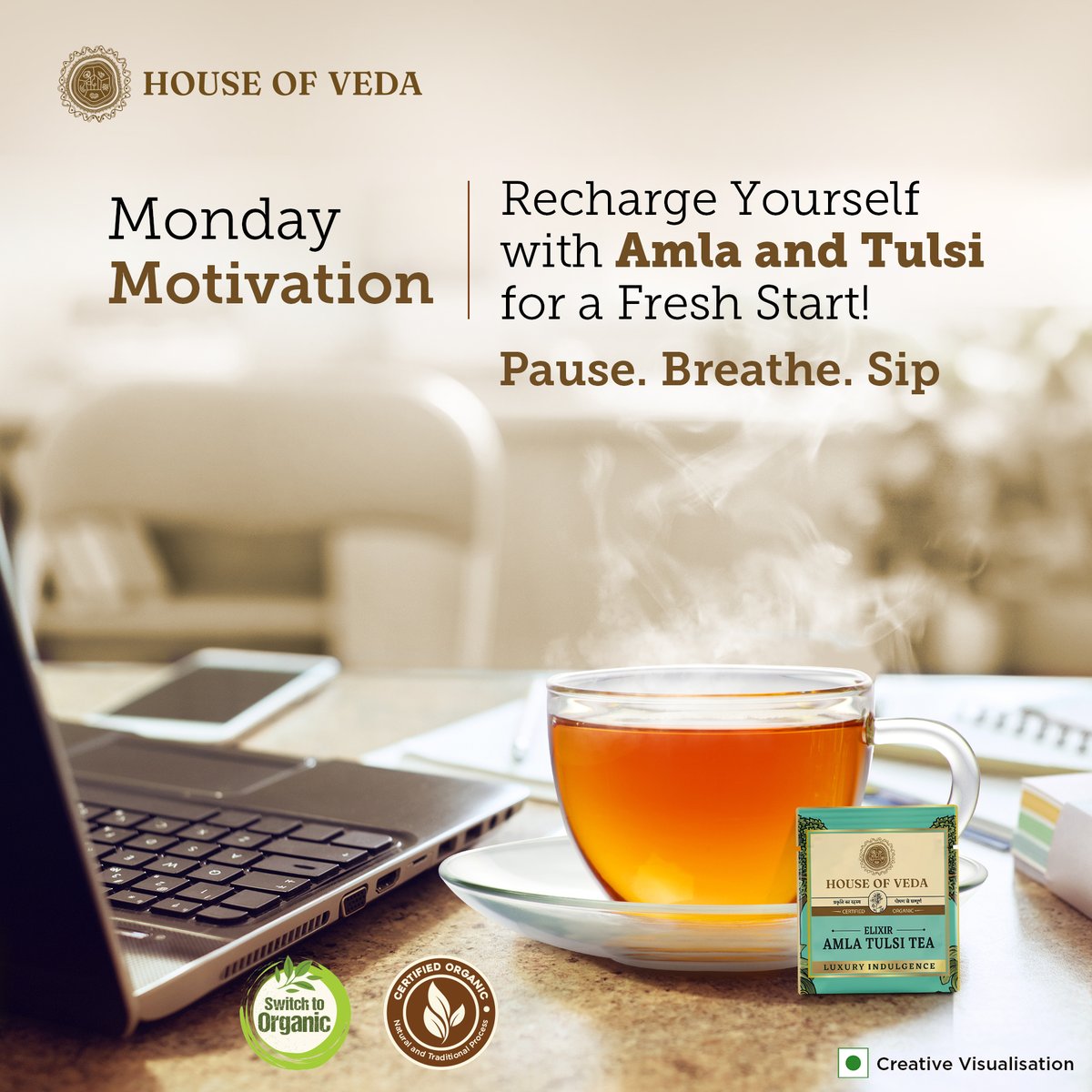 It's tea time! Step away from your busy office routine for a moment, recharge, and discover the inspiration to stay productive.

#AmlaTulsiTea #MondayMotivation #HouseOfVeda #GoOrganic #SwitchToOrganic #WellBeing