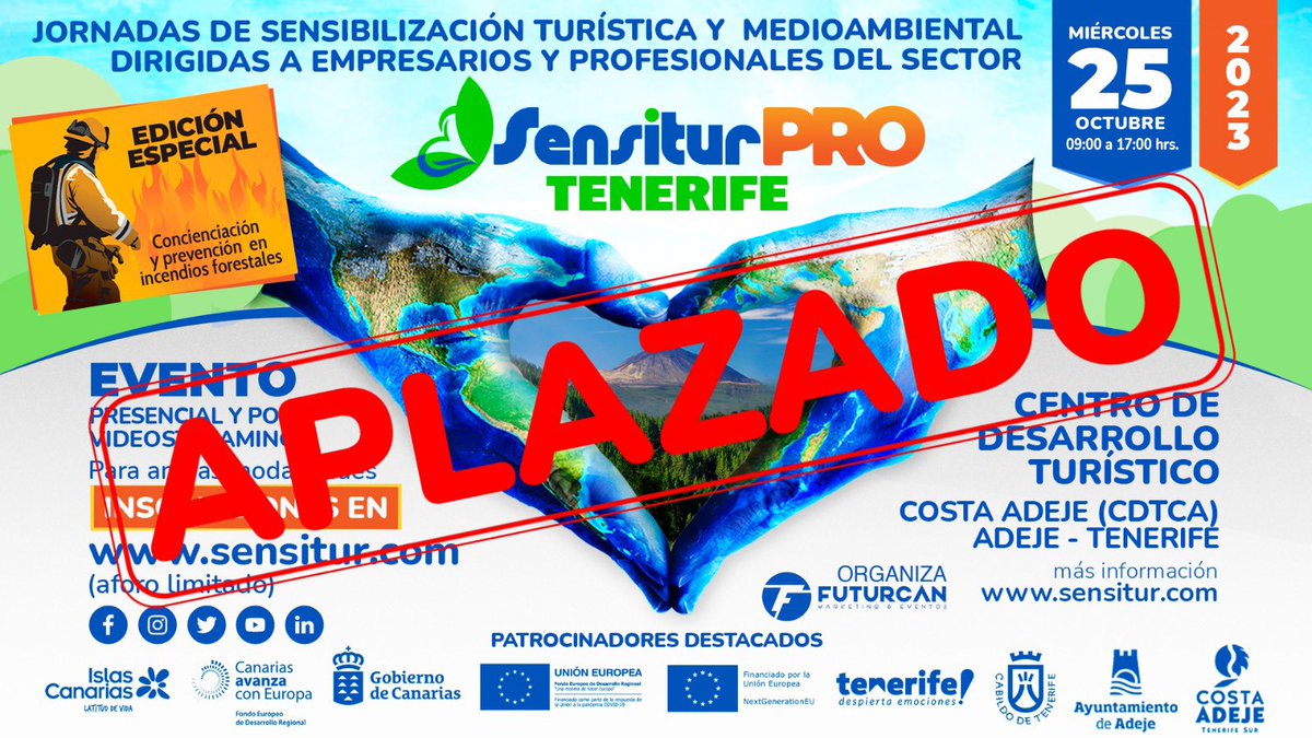 MagdalenoG's tweet photo. @futurcan empresa organizadora de @sensitur  PRO Tenerife, lamenta profundamente comunicar que, por motivos presupuestarios, ajenos a la organización, se ve obligada a tener que posponer el evento que se iba a desarrollar el miércoles 25/10/23 en el CDTCA de @costa_adeje https://t.co/KjzzNoJJla