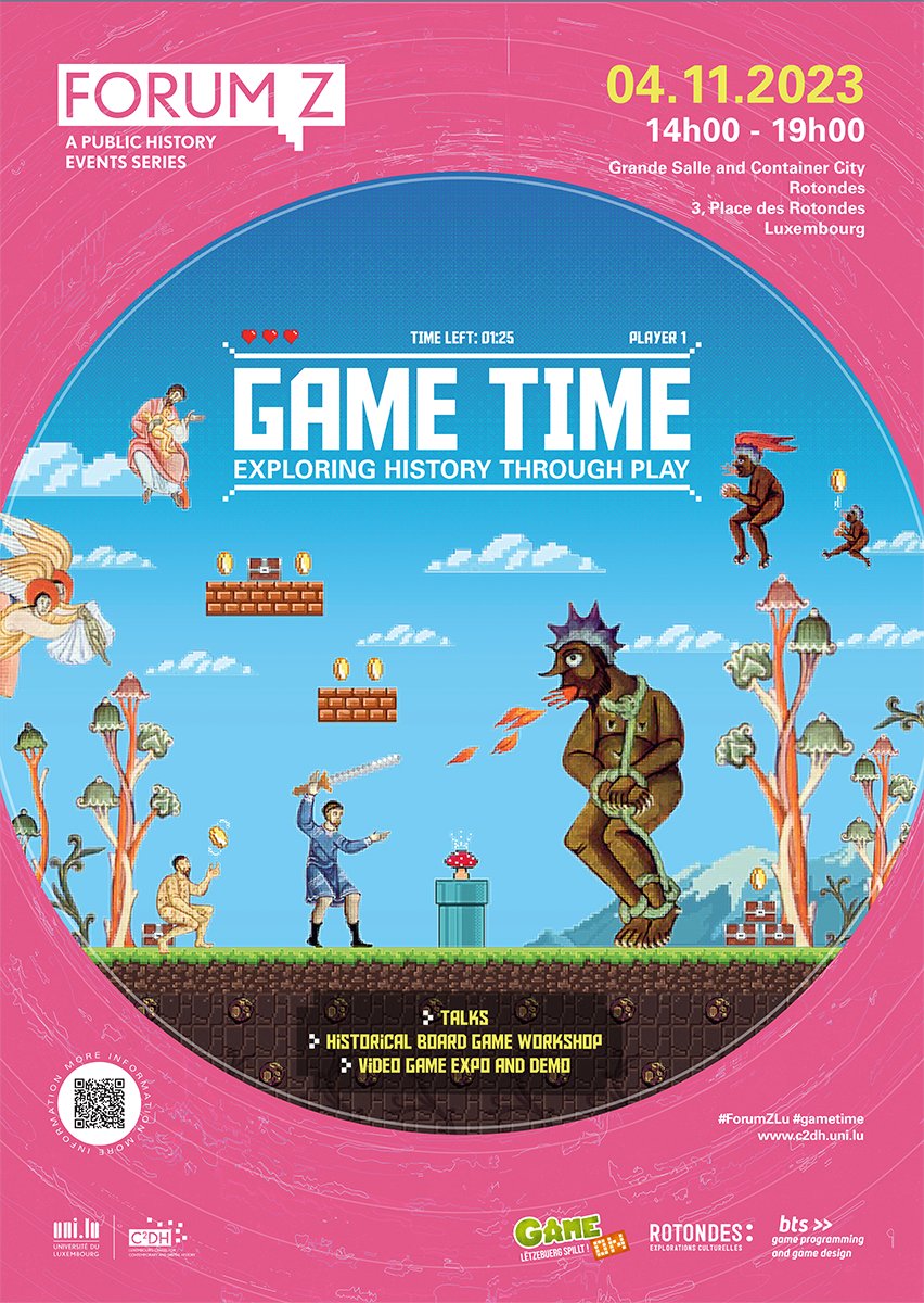 Save the date for our next Forum Z! 🎲 GAME TIME: Exploring History Through Play 🎮 ✅talks ✅historical board game workshop ✅video game expo and demo 📅4 November 2023 📍@Rotondes Info and programme ➡️c2dh.uni.lu/forum-z/game-t… #ForumZLU #gametime