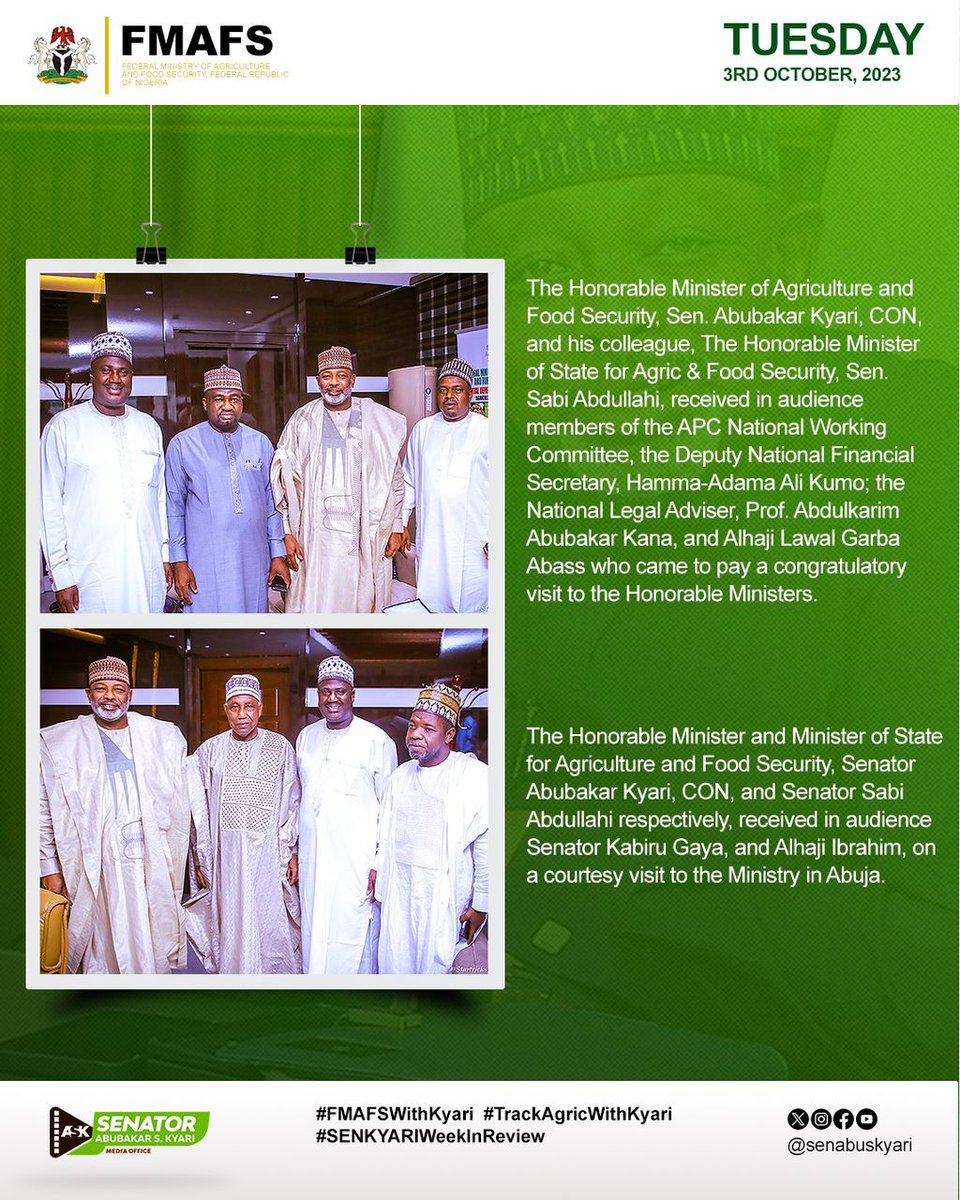 Mrr_Essy's tweet photo. HON. MINISTER OF AGRICULTURE & FOOD SECURITY, SENATOR ABUBAKAR KYARI’S WEEK IN REVIEW
1st October - 7th October, 2023
#SenKyariWeekInReview
#FMAFSWithKyari #TrackAgricWithKyari https://t.co/11pYiAfDxJ