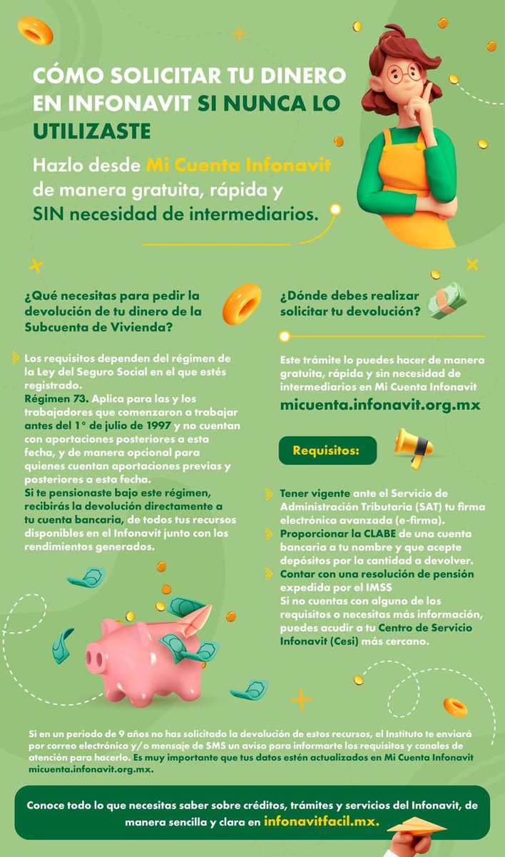 Infonavit's tweet photo. Si durante tu vida laboral no solicitaste un crédito con el Infonavit o si terminaste de pagar tu financiamiento y aún tienes saldo en tu Subcuenta de Vivienda, puedes solicitarlo si ya te pensionaste. 💰 Consulta más información aquí. 👉🏼  https://t.co/vtG7LXigOL https://t.co/Q5lIWX2jvI