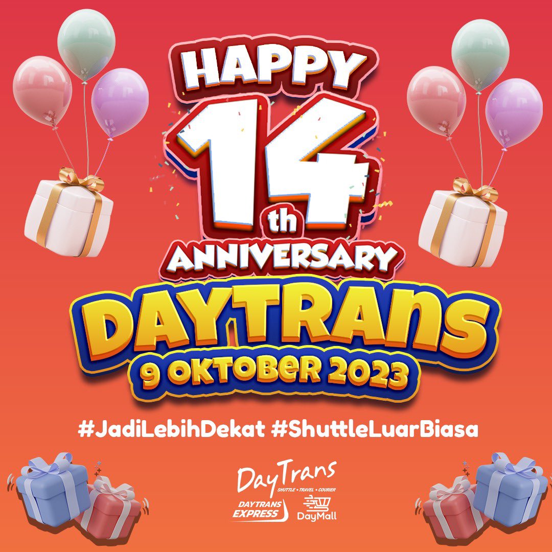 DayTrans (@daytransid) on Twitter photo Hi DT'ers! Di hari yang berbahagia ini, kami segenap keluarga besar DayTrans mengucapkan terima kasih kepada semua dukungan dan kepercayaan kalian terhadap kami. π₯³πHappy 14th Anniversary DayTrans! #ShuttleLuarBiasa #JadiLebihDekat #DayTrans Express #DayMall #JastipTercepat Hi DT'ers! Di hari yang berbahagia ini, kami segenap keluarga besar DayTrans mengucapkan terima kasih kepada semua dukungan dan kepercayaan kalian terhadap kami. π₯³πHappy 14th Anniversary DayTrans! #ShuttleLuarBiasa #JadiLebihDekat #DayTrans Express #DayMall #JastipTercepat