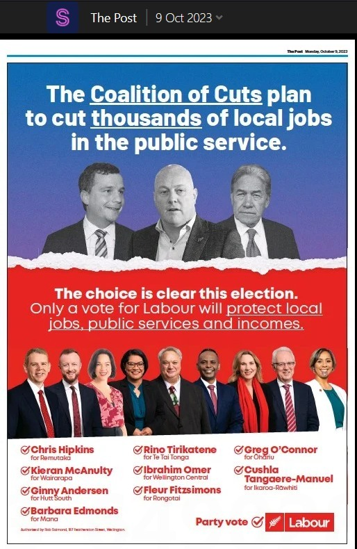 XuanIsBoosted's tweet photo. Wow, Full page ad today in The Post
#NZLabourParty #JacindaArdern #churchippie #FactCheckNZ #nzpol #teamof5million #LabourNZ #2tickslabour2023 #Nationalnotfittogovern #LyinLuxon https://t.co/rlPriXw8n2