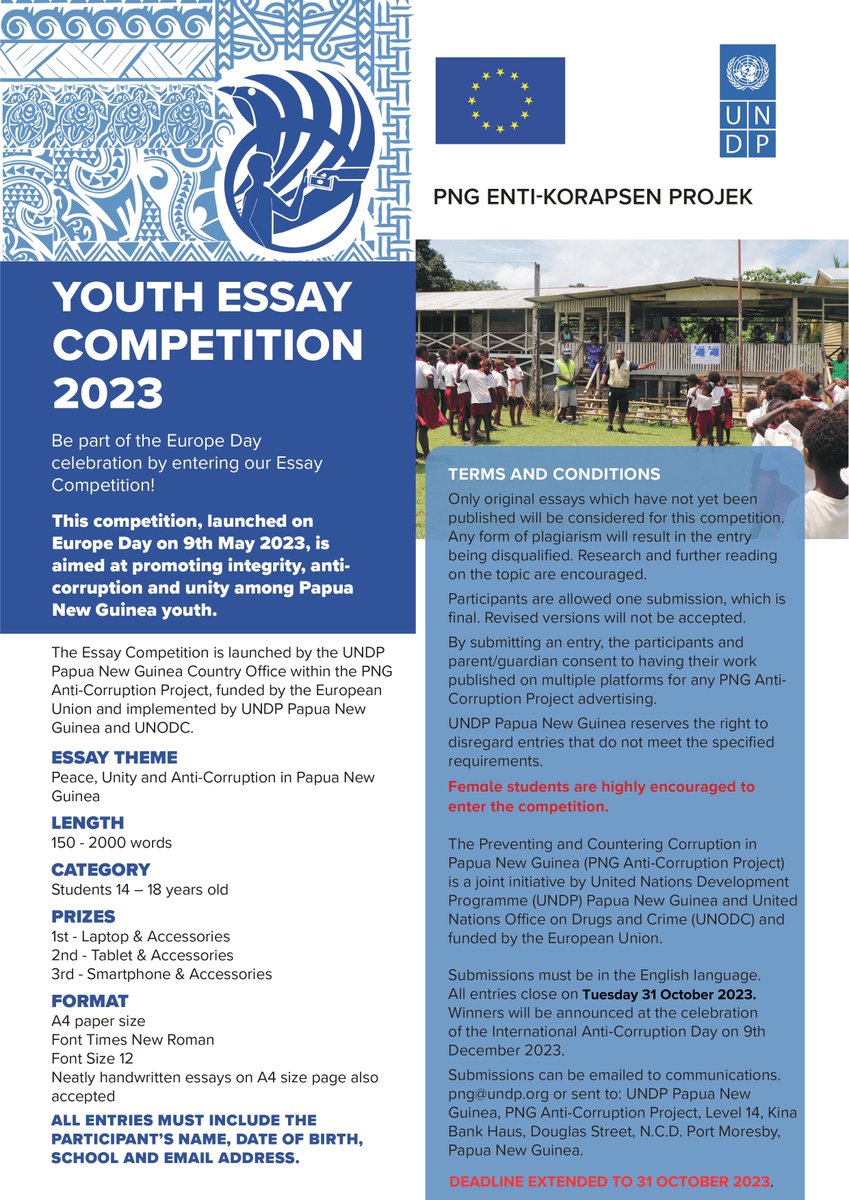 📢The deadline for submissions to our Youth Photography Competition 2023 has been extended to 31 October 2023! 📢

The competition is organized under the <a href="/EUinPNG/">European Union Delegation PNG</a>-funded PNG Anti-Corruption Project, which is implemented by <a href="/UNDP/">UN Development</a> &amp; <a href="/UNODC/">UN Office on Drugs & Crime</a>.

View the poster below for more details!