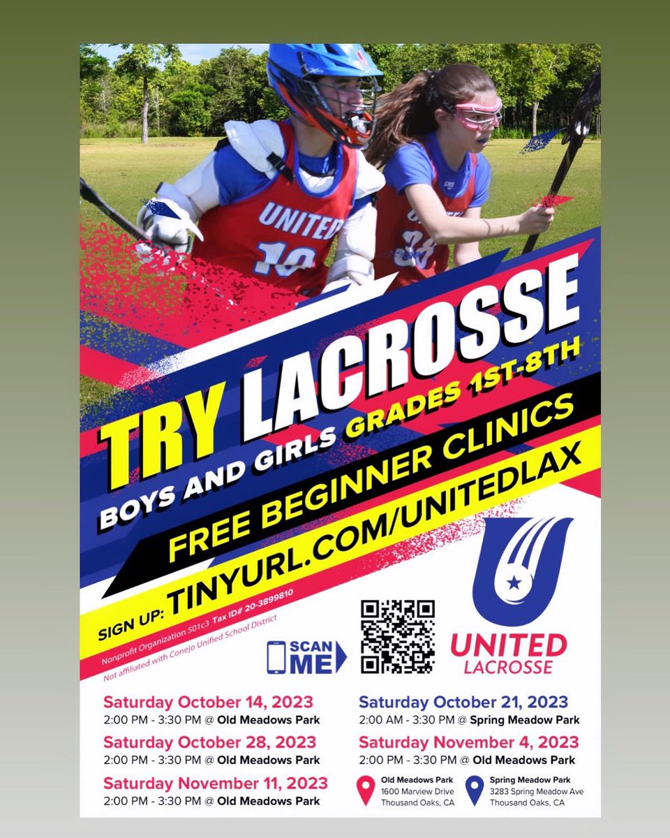 Fall Lax is Back! Fall 2023 Free Lacrosse Clinics Begin Saturday, October 14th, 2pm-3:30pm! Clinics held at Old Meadows Park 10/14, 10/28, 11/4 &amp; 11/11, Spring Meadow Park 10/21. All levels welcome! Bring a Friend! Walk ups Welcome! #lax4life #united #lacrosse #community