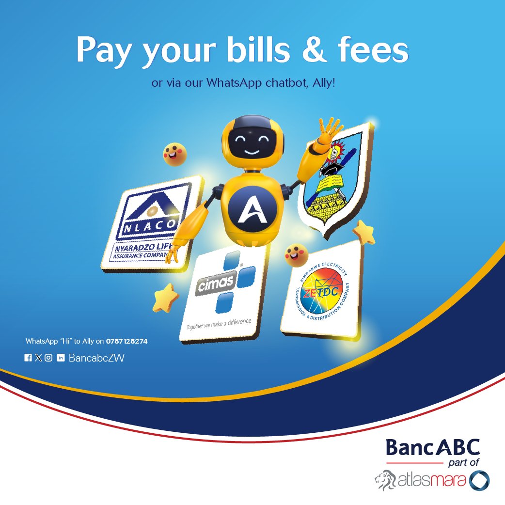BancabcZW's tweet photo. You can now pay for you @cimasmedicalzw, Doves, @nyaradzogroup, @ZetdcOfficial bills and NUST fees from the comfort of your home π‘.
WhatsApp βHiβ to Ally π€ on 0787128274.
#Ally π€
#BesmartGoDigital https://t.co/ZwzWr1nh5N