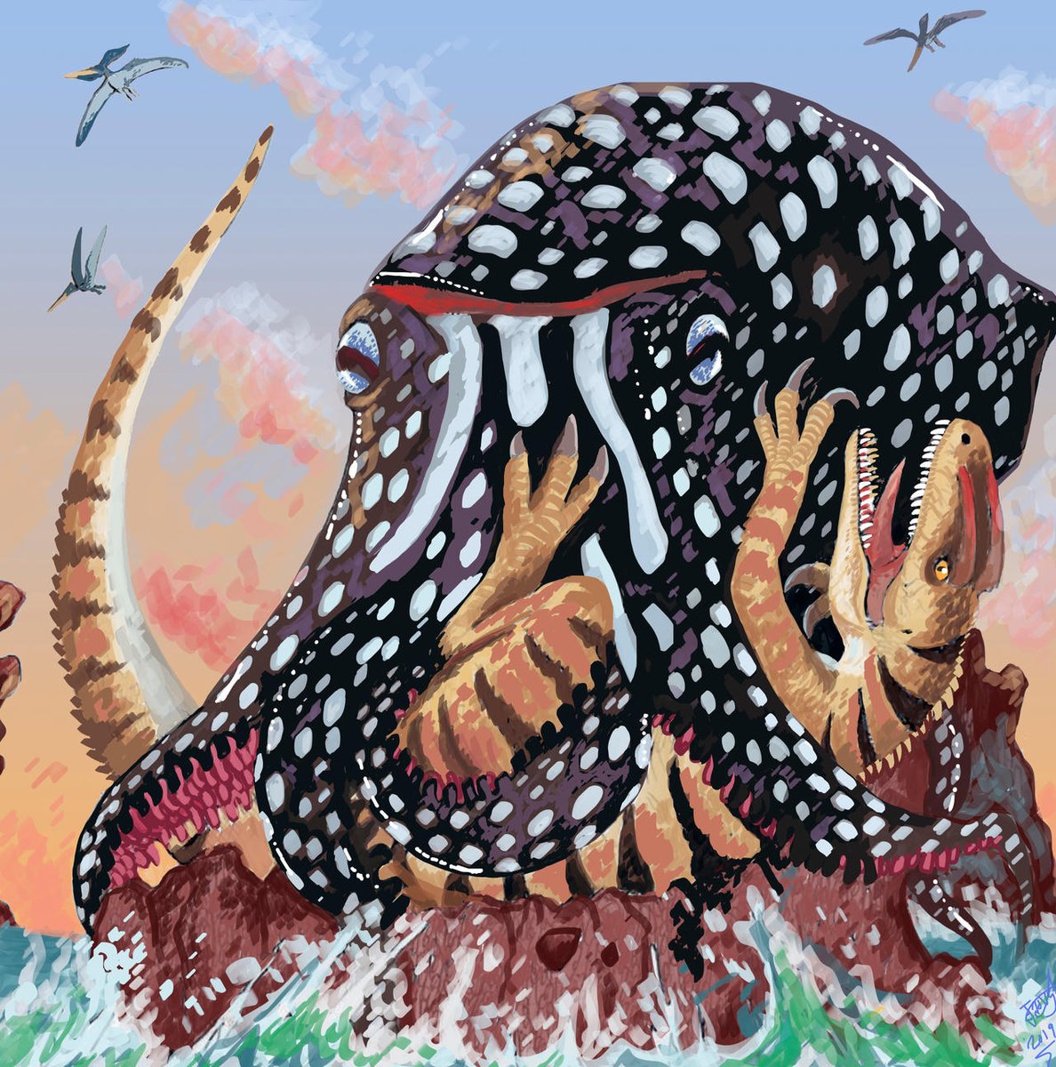 Since it's apparently #InternationalOctopusDay have this old drawing of mine, in which a theropod finds a sticky and most unexpected end. This was inspired by a video of an octopus catching a crab on land, and by the discovery of Yezoteuthis, a giant Cretaceous cephalopod :B