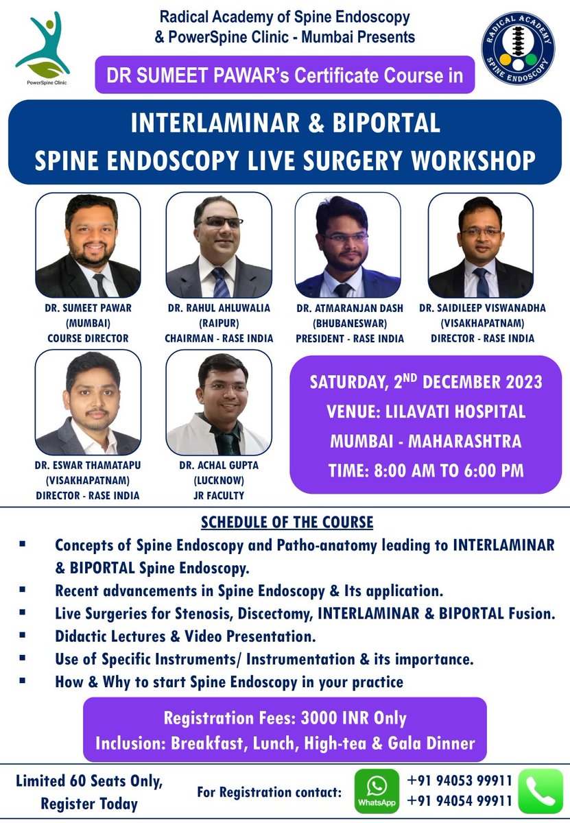 Learn spine endoscopy, RASE INDIA is conducting Live Surgery workshop at Mumbai 
#spineendoscopy #missspine #EndoscopicSpineSurgery #canalstenosis #centralcanalstenosis  #bestspinesurgeon #spinesurgeon #spineendoscopytraining #learntriangulation #missicon #orthospine #Endospine