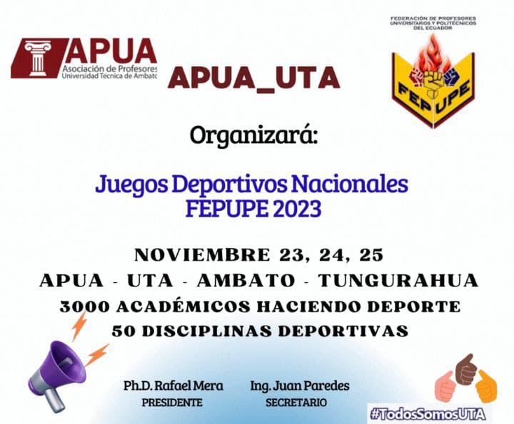 Académicos en Juegos Nacionales ⁦@apua_uta⁩ ⁦<a href="/FEPUPE_ec/">FEPUPEcuador</a>⁩ súmate ⁦<a href="/ces_ec/">CES</a>⁩ ⁦<a href="/Caces_Ec/">CACES</a>⁩ ⁦<a href="/ASESEC1/">Asamblea del Sistema de Educación Superior</a>⁩⁩ ⁦<a href="/dayannamonroy/">DayannaMonroy</a>⁩ ⁦<a href="/teleamazonasec/">Teleamazonas</a>⁩ ⁦<a href="/GoberTungurahua/">Gobernación Tungurahua</a>⁩ ⁦<a href="/GobTungurahua/">Honorable Gobierno Provincial de Tungurahua</a>⁩ ⁦<a href="/FDTungurahua/">Federación Deportiva de Tungurahua</a>⁩ ⁦<a href="/gadambato/">GAD Municipalidad de Ambato</a>⁩ ⁦⁦